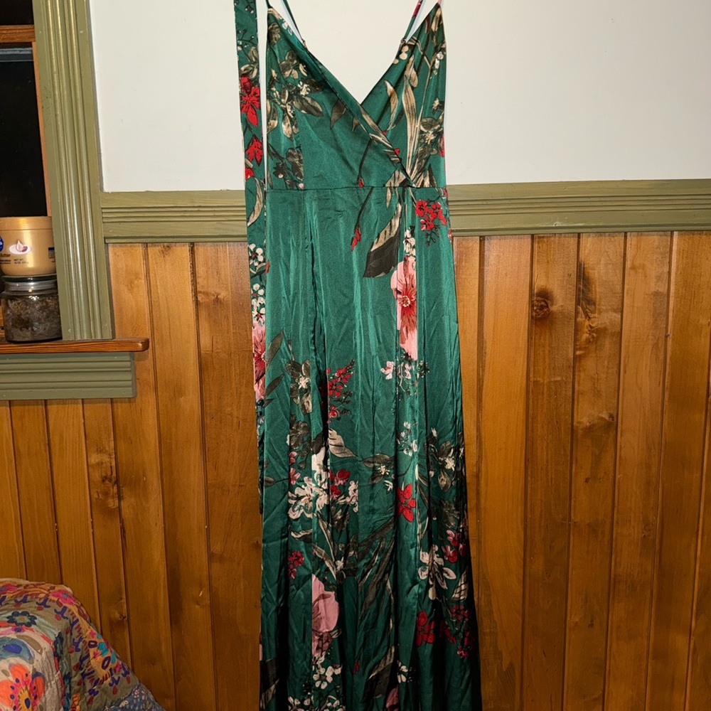 Lulus Still The One Emerald Green Floral Print Satin Maxi Dress - Size L - Picture 3 of 3